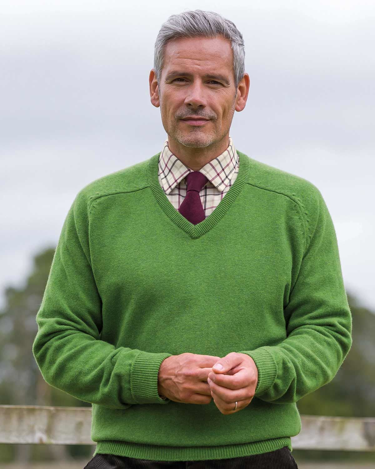 Lambswool Pea Green V Neck Sweater Mens